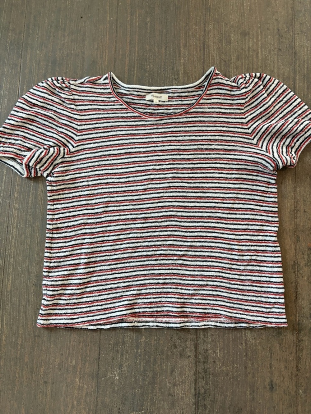 Madewell Red, Black & White Textured Striped Short Sleeve Tee